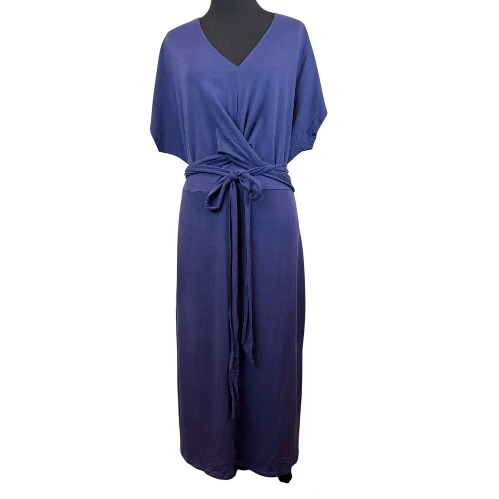 V-Neck Navy Wrap Maxi Dress with Tie Waist